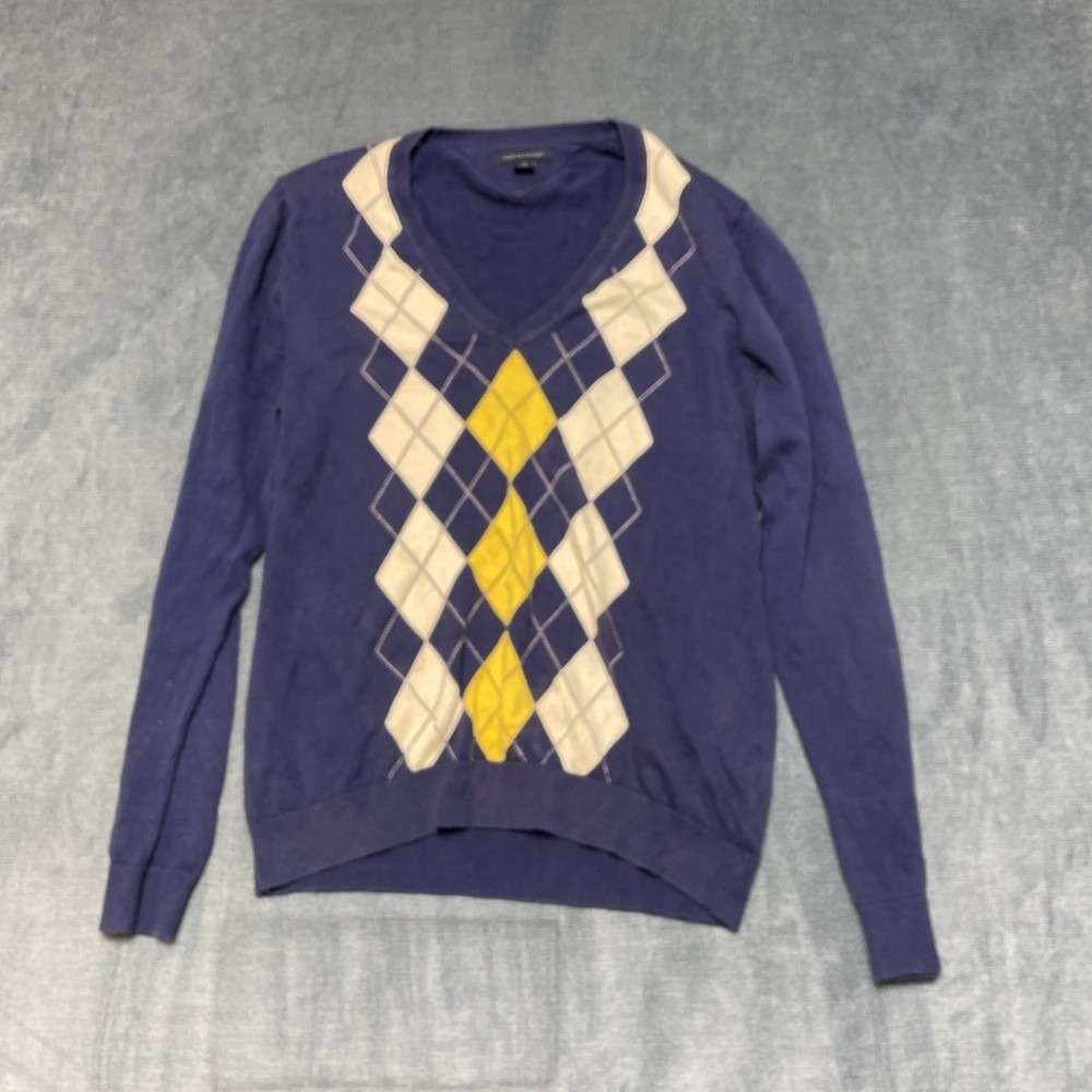 Tommy Hilfiger Sweater Mens Large Blue Argyle V-Neck Knitted Long Sleeve Winter